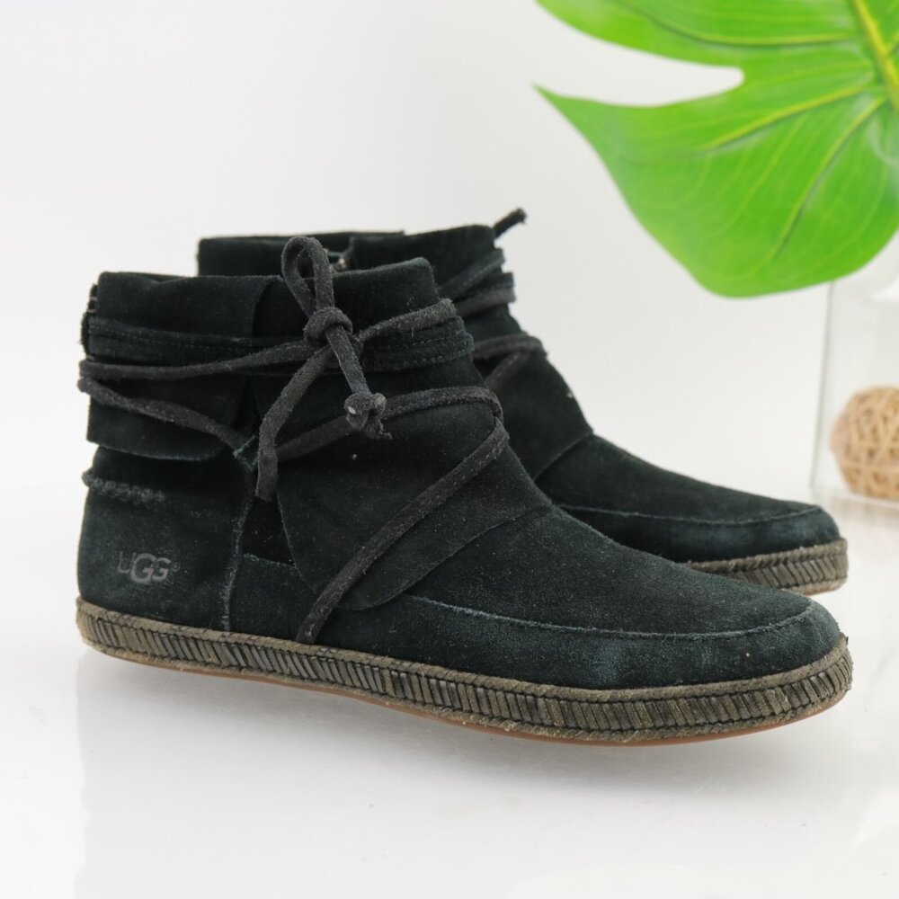 UGG Womens Reid Boot Size 6 Black Suede Tie Wrap Cushioned Moc Casual Booties